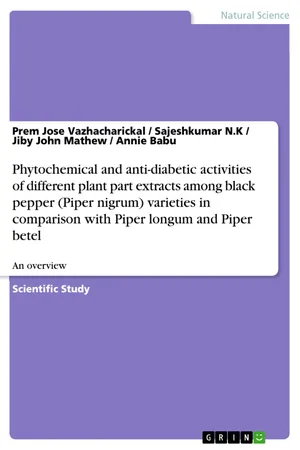 Phytochemical and anti-diabetic activities of different plant part extracts among black pepper (Piper nigrum) varieties in comparison with Piper longum and Piper betel