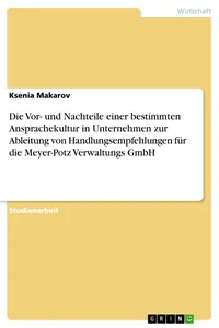 Die Vor- und Nachteile einer bestimmten Ansprachekultur in Unternehmen zur Ableitung von Handlungsempfehlungen für die Meyer-Potz Verwaltungs GmbH_cover