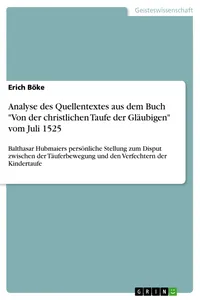 Analyse des Quellentextes aus dem Buch "Von der christlichen Taufe der Gläubigen" vom Juli 1525_cover