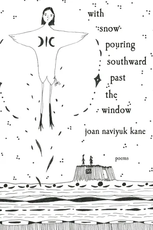 with snow pouring southward past the window